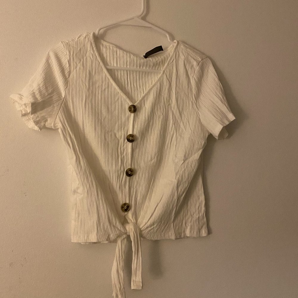 White Ribbed Button Down Tie T-Shirt Blouse